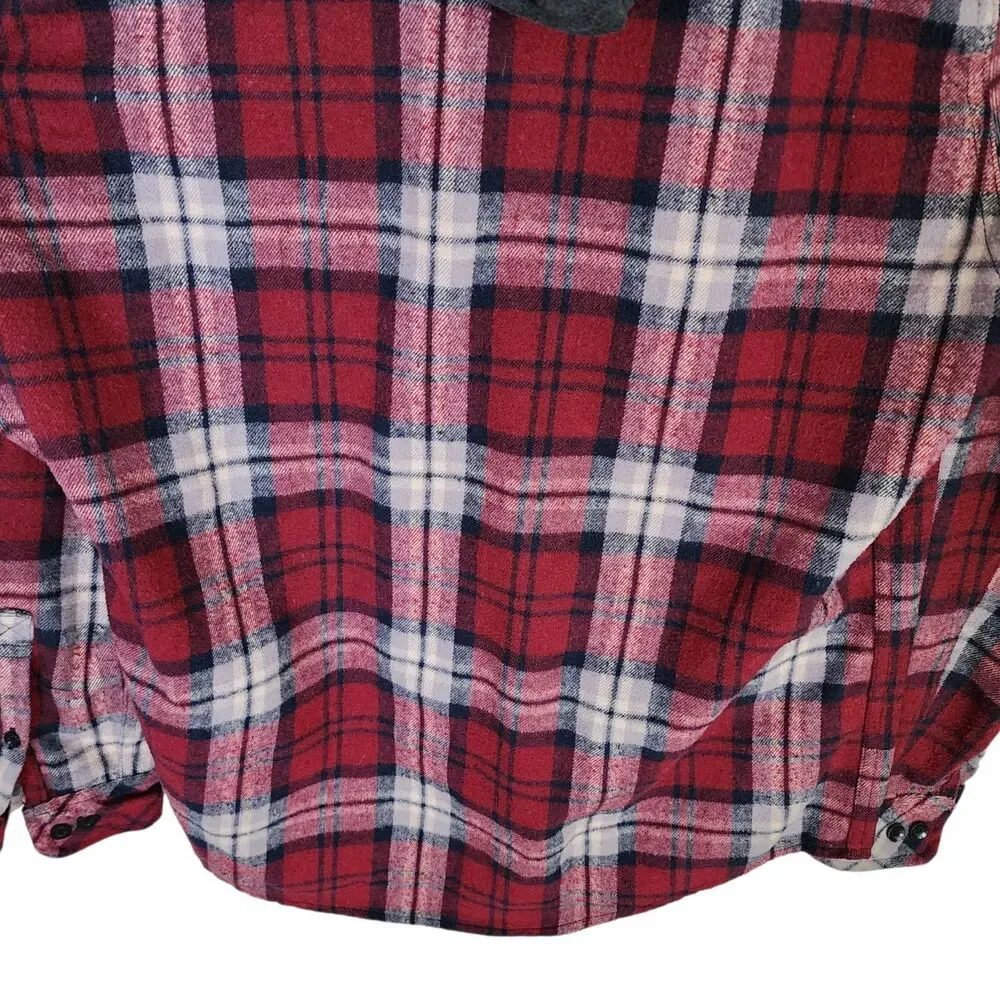Free Planet Flannel Shirt Jacket with Hood Red Plaid 100% Cotton Mens Size Large